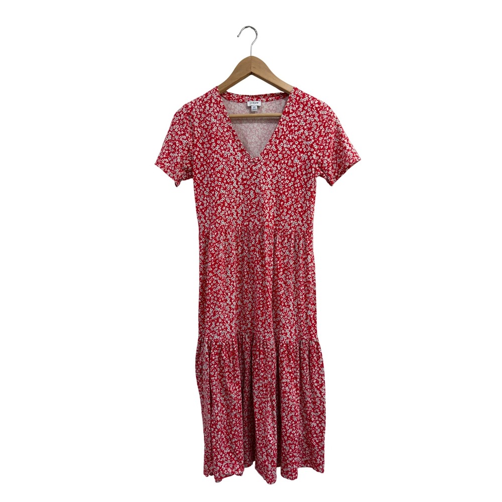 J.Crew Red Floral Ditsy Tiered Midi Dress V-Neck Cotton Jersey AV658 XS